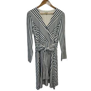 Cremieux Long Sleeve Shirt Dress Navy Ivory Striped Tie Front Women's Size‎ 14